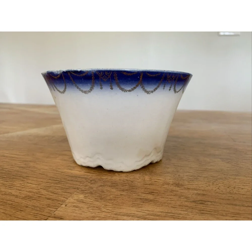 Vintage Antique Blue‎ Gold Trim Planter Bowl Japan? China Beautiful! Markings
